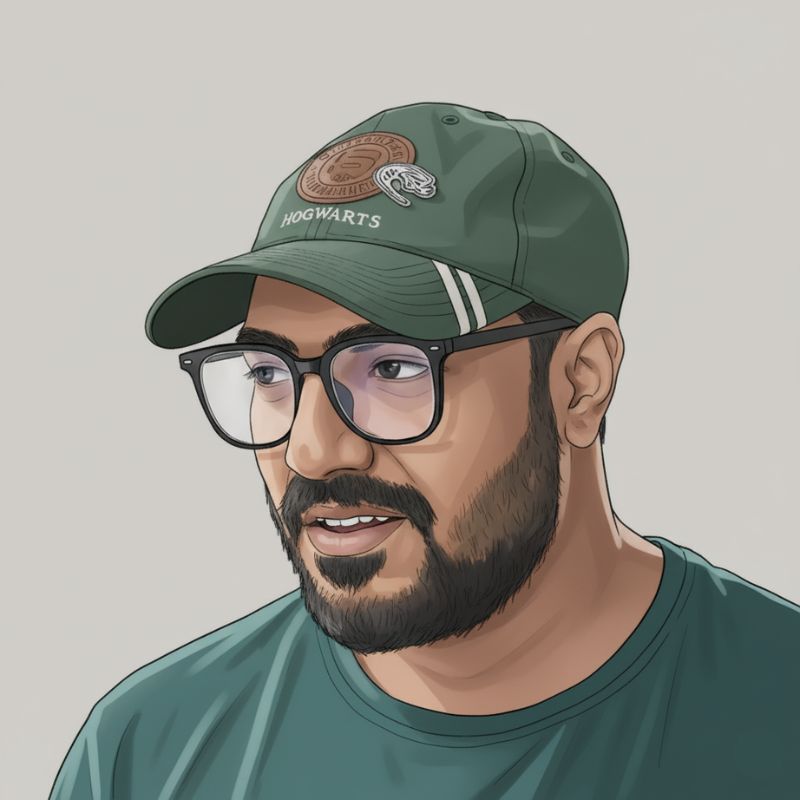 Illustrated portrait of Sheikh Sohel Moon wearing glasses and a green cap