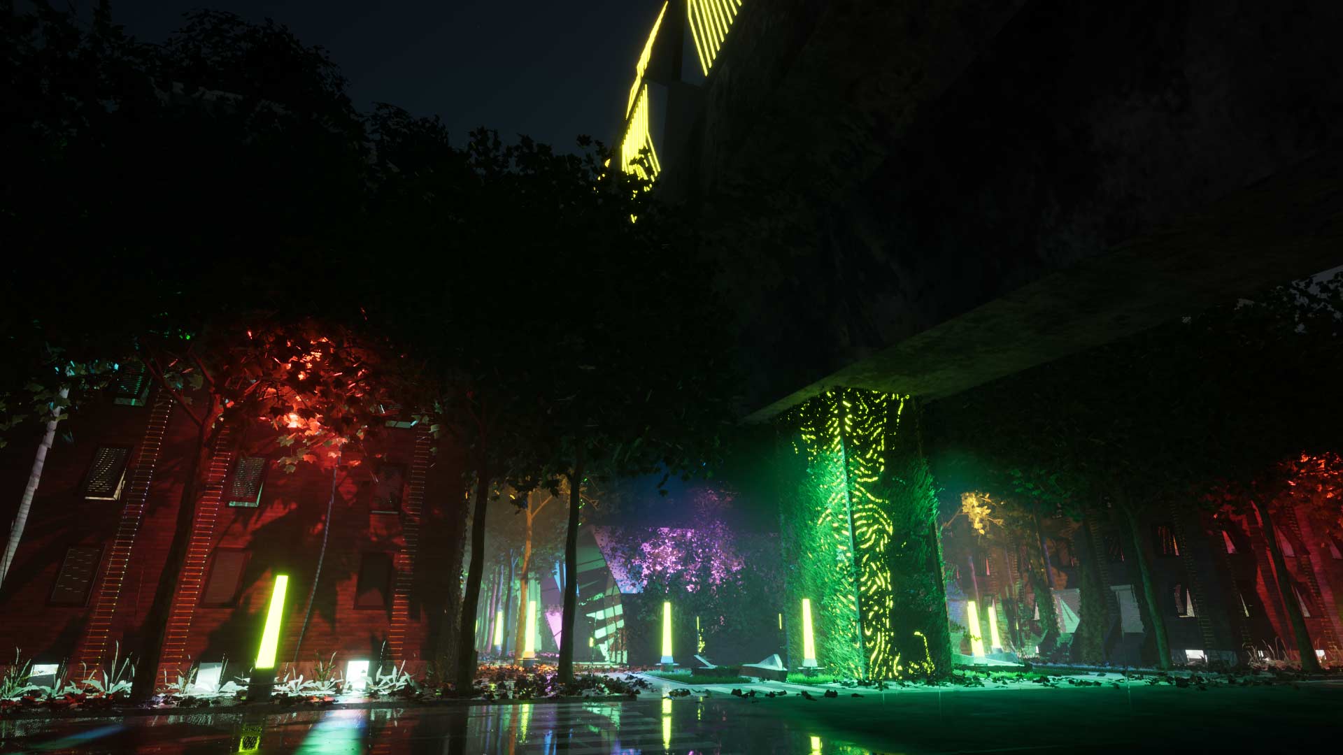 The neon-lit New York environment in Year 2180, with planted buildings and elevated walkways